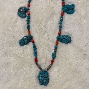 Turquoise Stone and Red Beaded Necklace 19 “ long